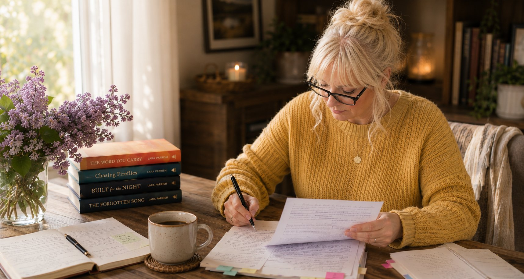 Lara at her desk in a yellow sweater, editing pages by hand beside a stack of her four books, a candle and fresh lilacs.