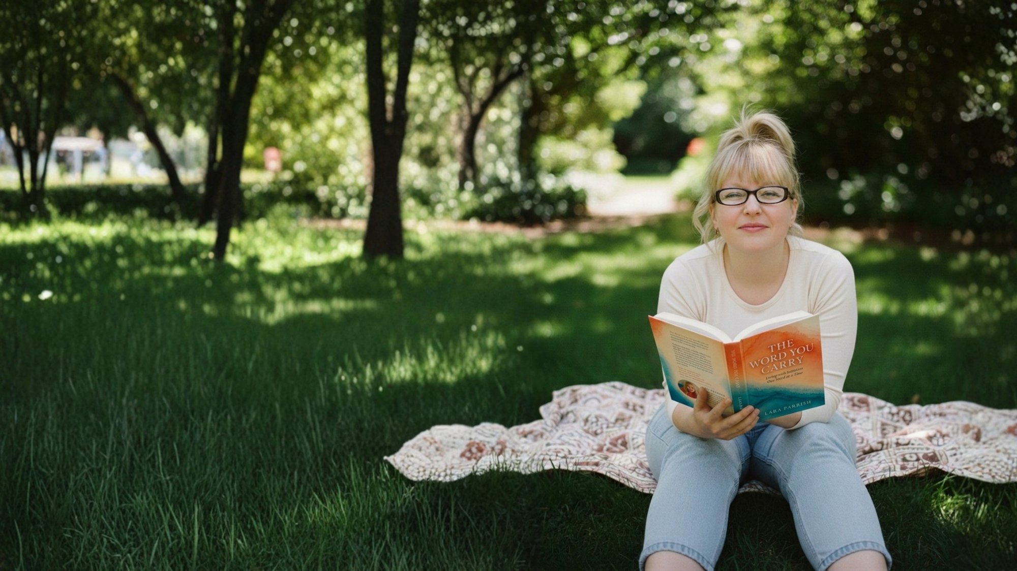 Lara sitting cross-legged on a blanket in a sunlit park, reading The Word You Carry.