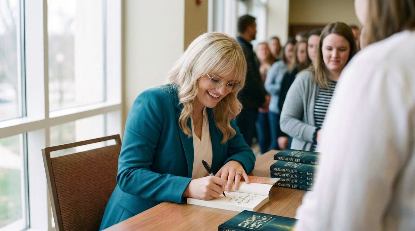 Lara laughing while signing books at a table, teal blazer, a line of readers waiting behind her.