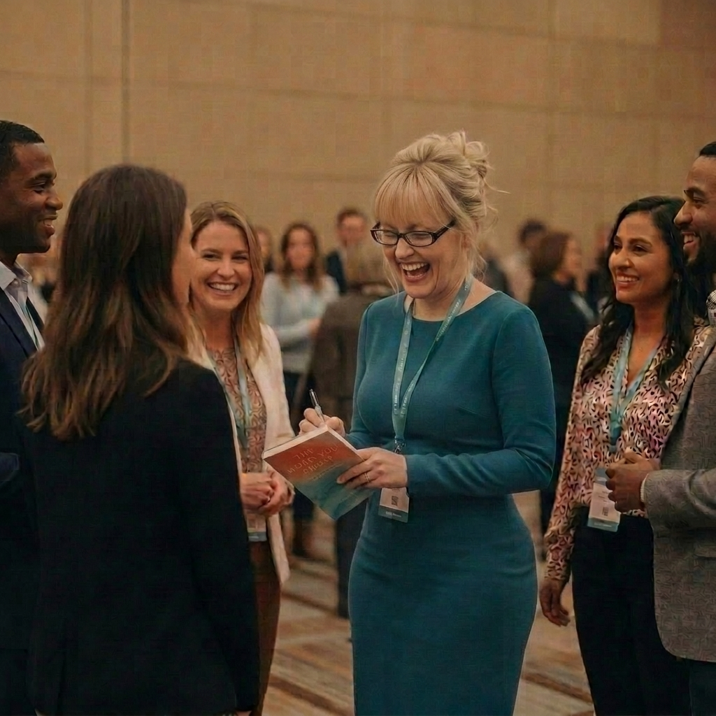 Lara laughing with attendees after a keynote while signing a copy of The Word You Carry.